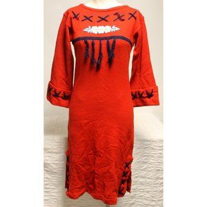 Vtg 80s Total Eclipse Red Sweater Dress sz Lg Blue Fringe Embroidered Flowers